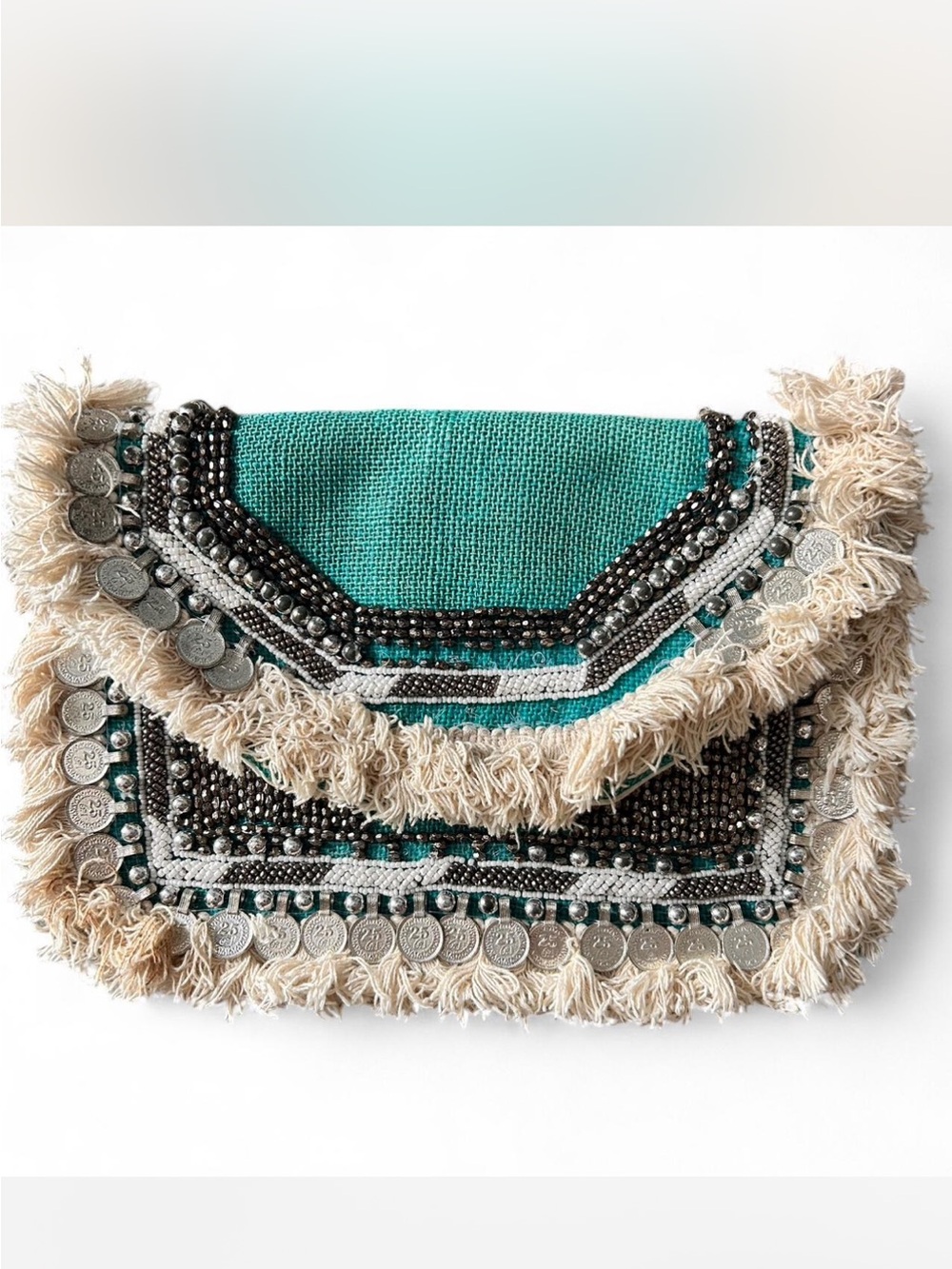Antik Kraft Turquoise Boho Beaded Fringe Clutch Crossbody Bag